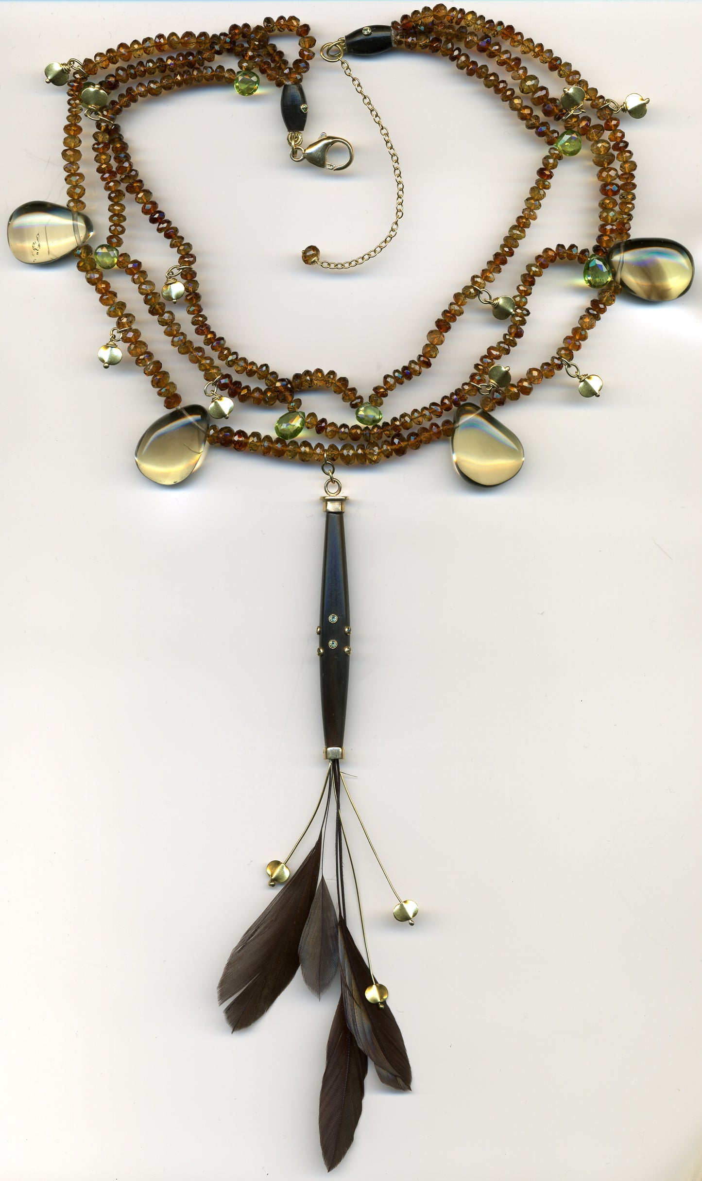 Couture Tourmaline &amp; Feather Necklace : 18k gold, Brown Tourmaline, Peridot, Smokey Topaz, Feathers and Horn (ethically sourced)