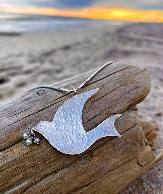 Aziz Sterling Silver Large Bird Necklace with Pearls