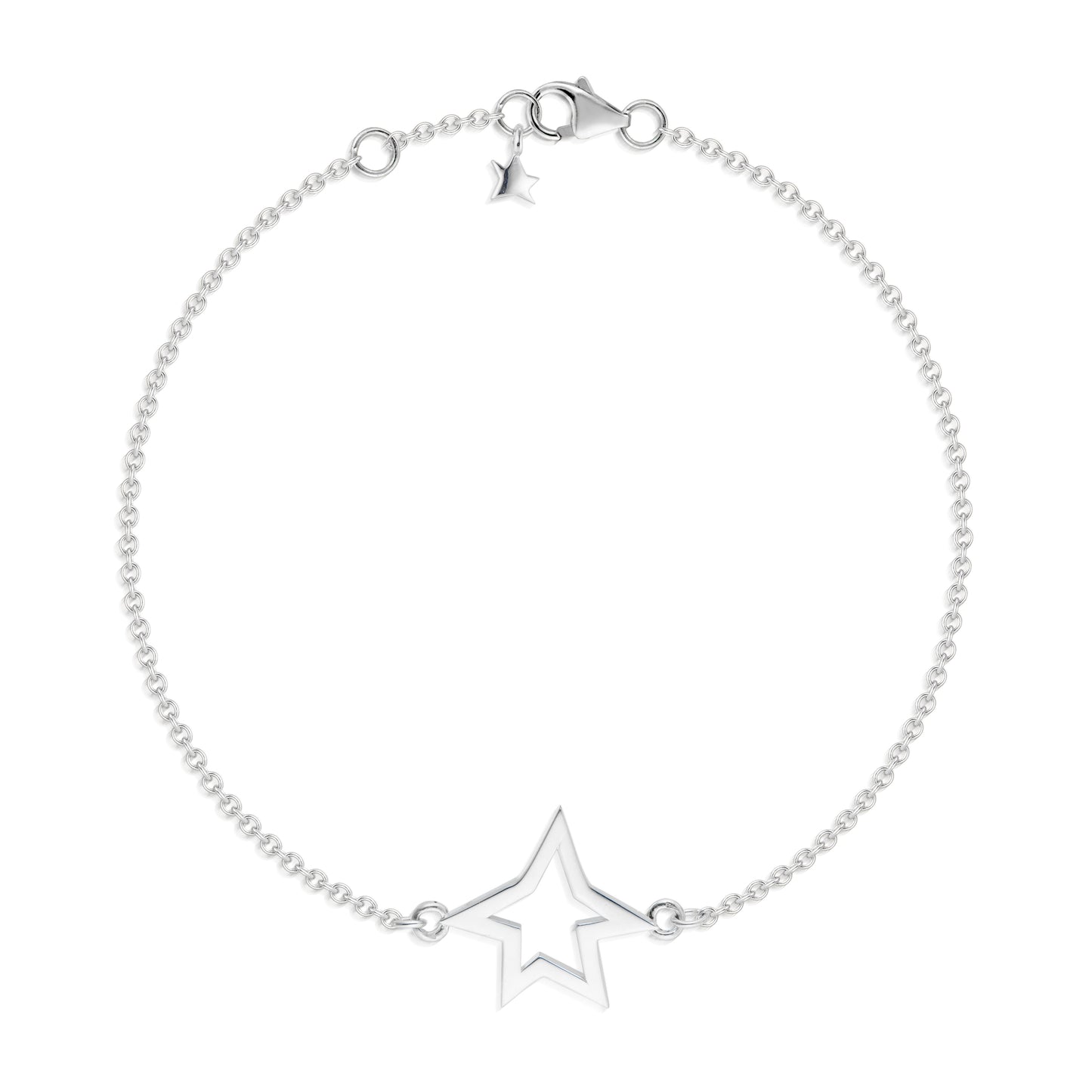 Sterling silver star chain bracelet. Meticulously crafted, this bracelet features an elegant sculpted star on a delicate adjustable length chain. The closure is adorned with a miniature star, adding a special touch. A charming bracelet inspired by the the beautiful art work created by&nbsp;Antoine de Saint-Exupéry&nbsp;in his enchanting book Le Petit Prince.