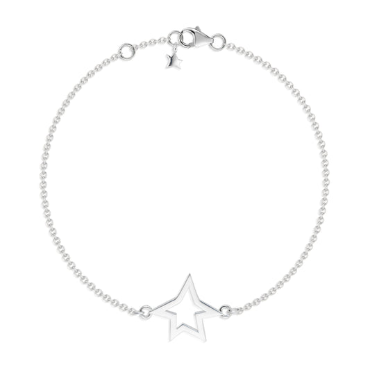 Sterling silver star chain bracelet. Meticulously crafted, this bracelet features an elegant sculpted star on a delicate adjustable length chain. The closure is adorned with a miniature star, adding a special touch. A charming bracelet inspired by the the beautiful art work created by&nbsp;Antoine de Saint-Exupéry&nbsp;in his enchanting book Le Petit Prince.